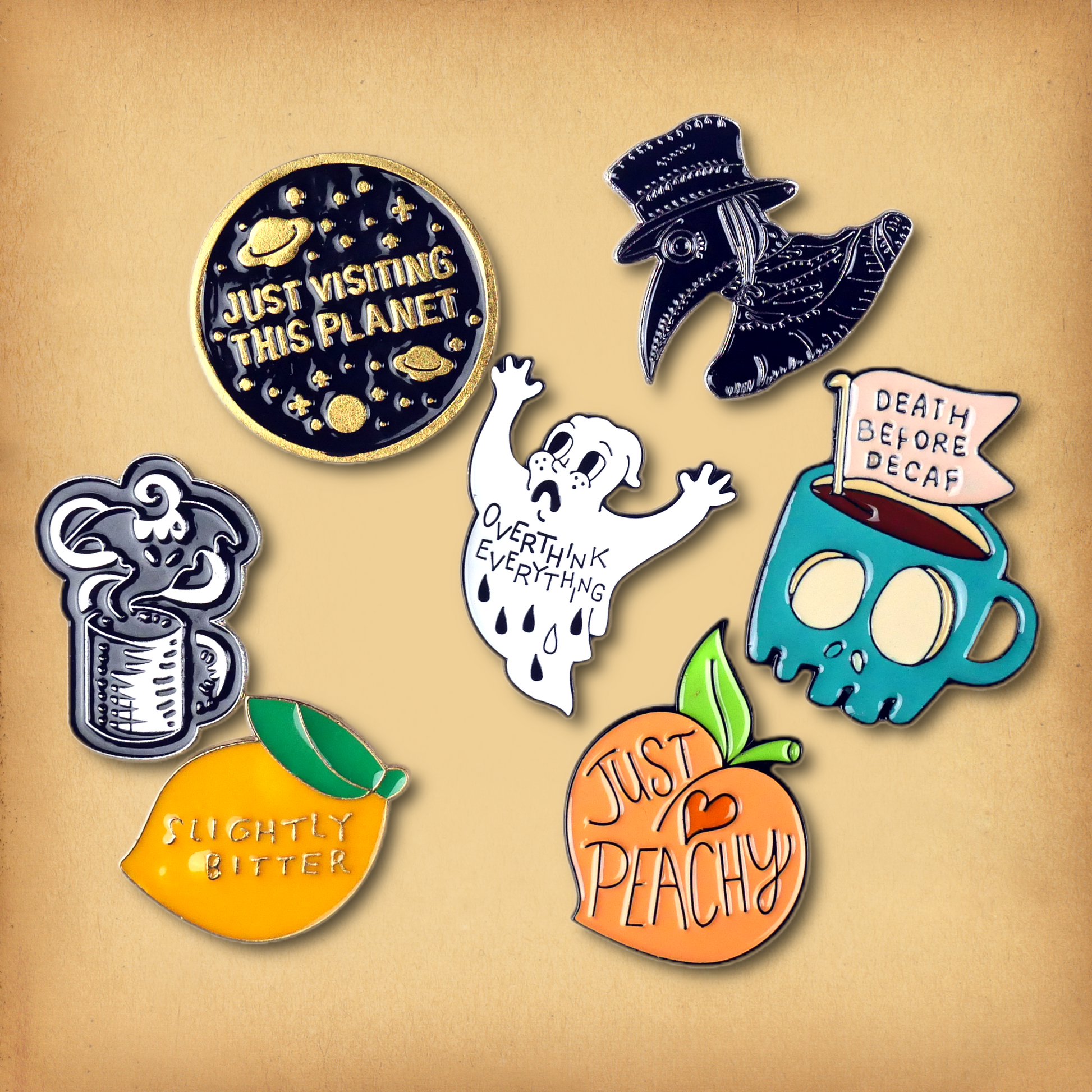 Clearance sale bundle of 7 enamel pins. Discounted, discontinued stock.