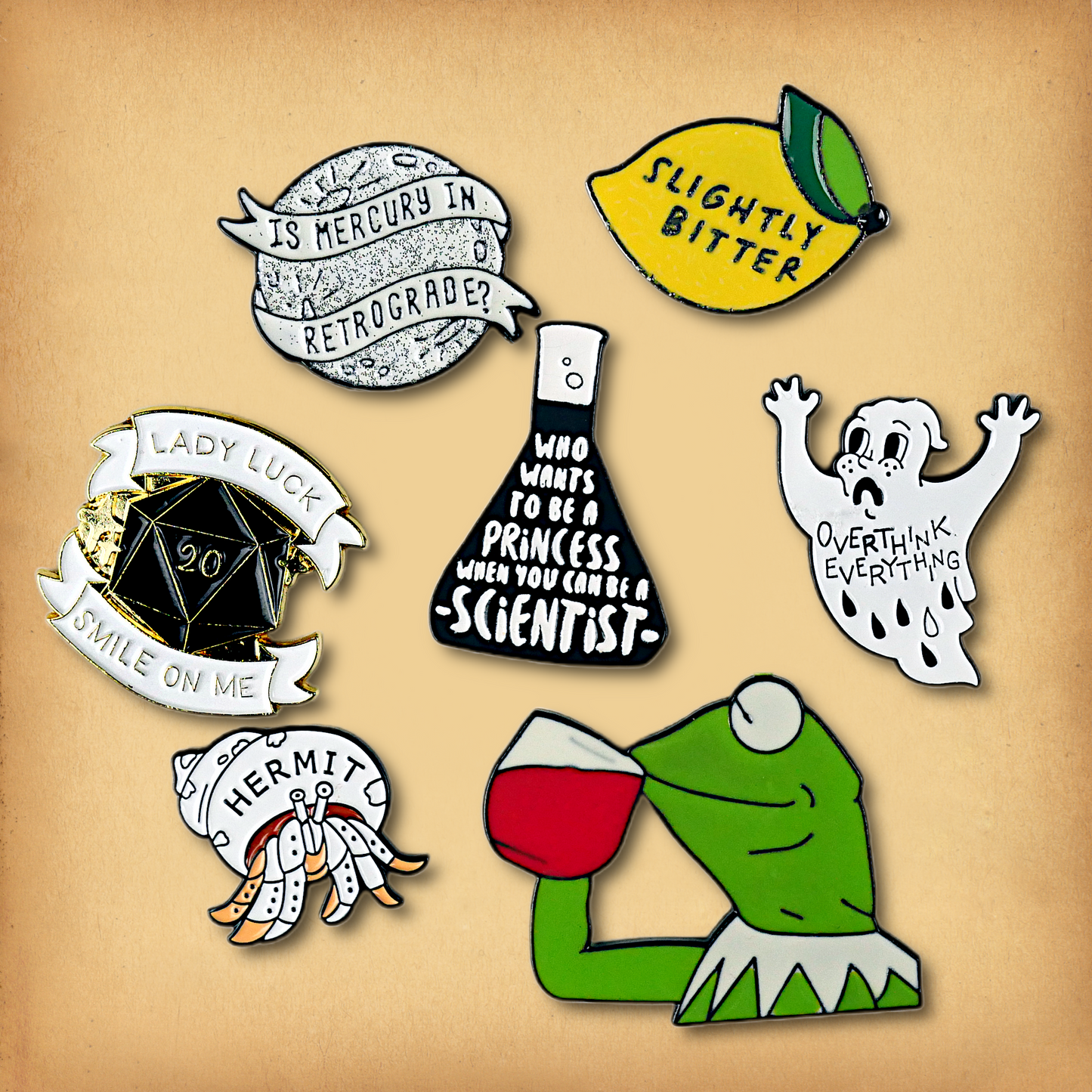 Clearance sale bundle of 7 enamel pins. Discounted, discontinued stock.