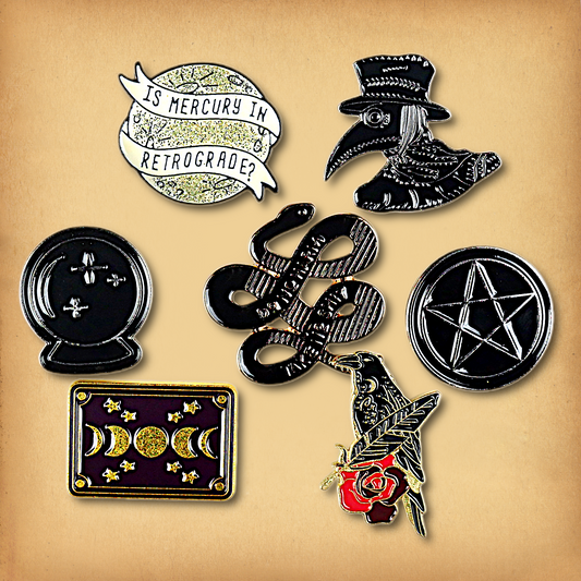 Clearance sale bundle of 7 enamel pins. Discounted, discontinued stock.