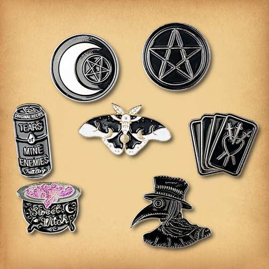 Clearance sale bundle of 7 enamel pins. Discounted, discontinued stock.