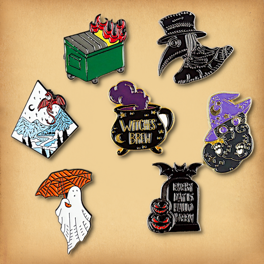 Clearance sale bundle of 7 enamel pins. Discounted, discontinued stock.