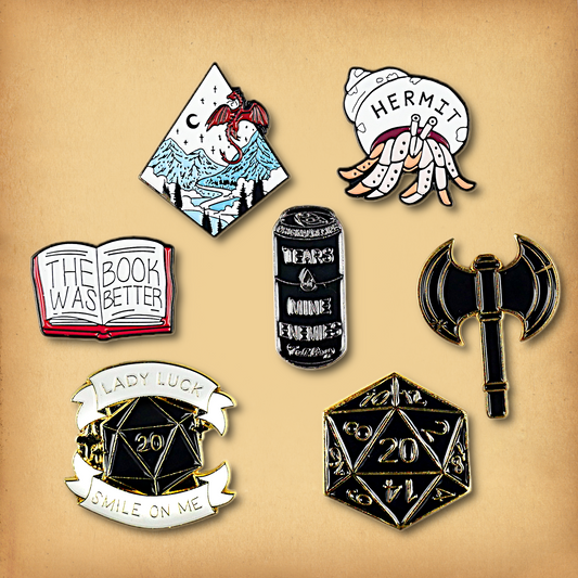 Clearance sale bundle of 7 enamel pins. Discounted, discontinued stock.