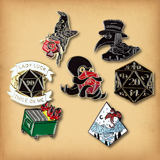 Clearance sale bundle of 7 enamel pins. Discounted, discontinued stock.