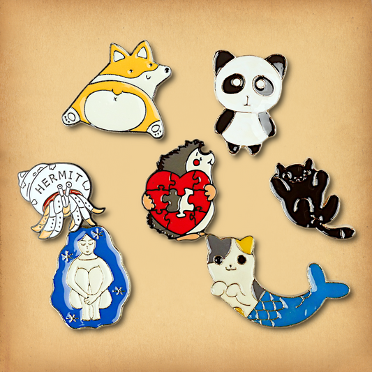 Clearance sale bundle of 7 enamel pins. Discounted, discontinued stock.