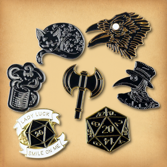 Clearance sale bundle of 7 enamel pins. Discounted, discontinued stock.