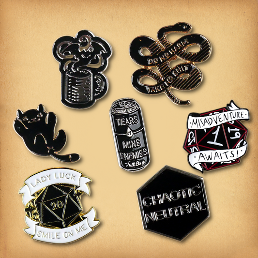 Clearance sale bundle of 7 enamel pins. Discounted, discontinued stock.