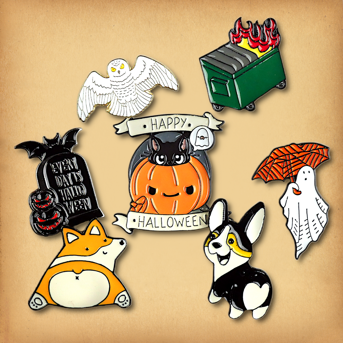 Clearance sale bundle of 7 enamel pins. Discounted, discontinued stock.