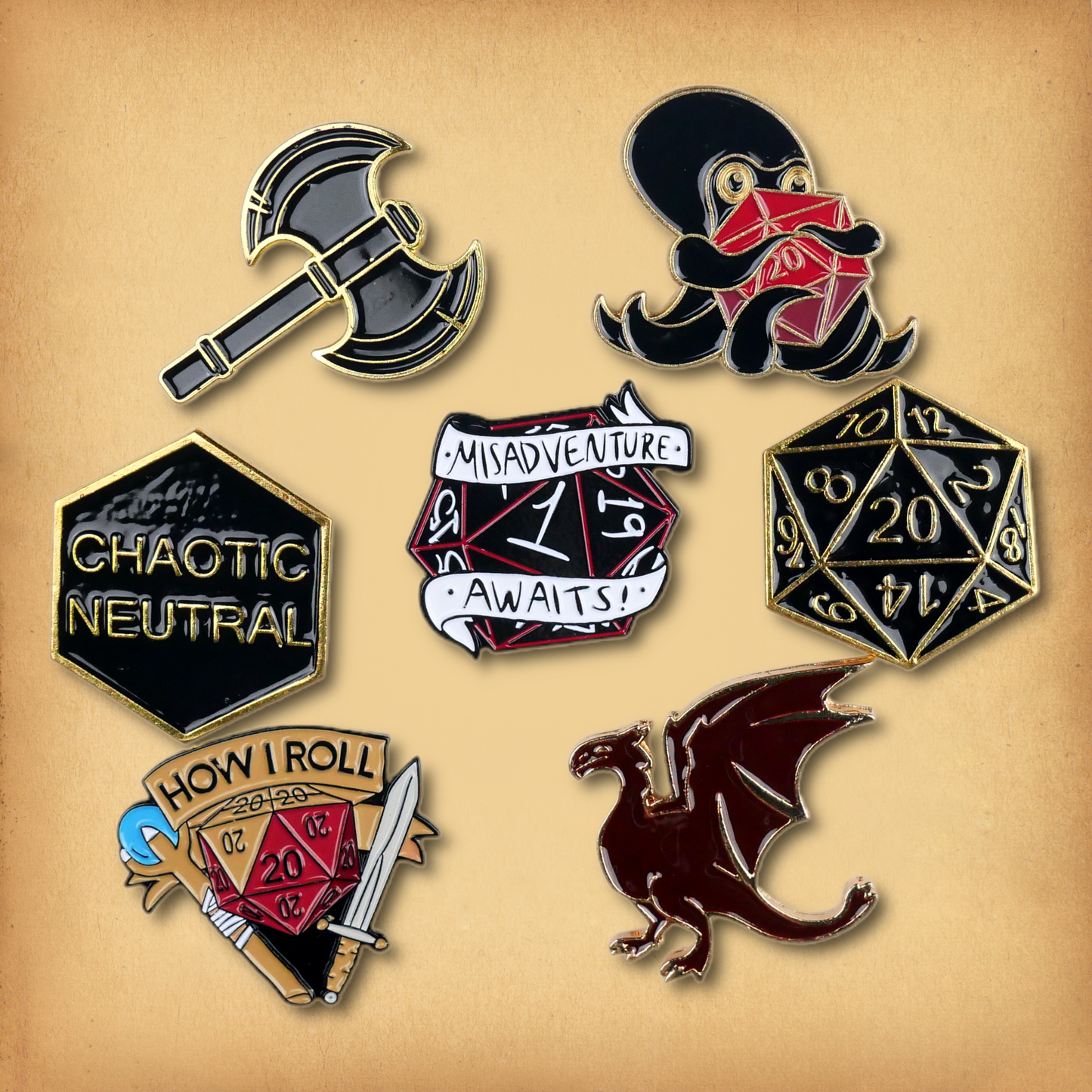 Clearance sale bundle of 7 enamel pins. Discounted, discontinued stock.