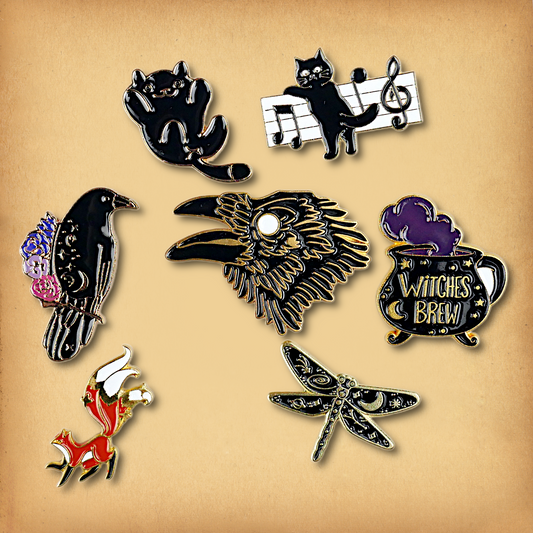 Clearance sale bundle of 7 enamel pins. Discounted, discontinued stock.