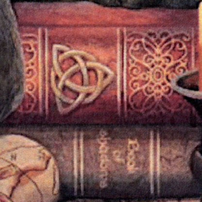 Close-up of The Witching Hour Cross Stitch Pattern featuring book spines, including a Celtic triquetra and a Book of Shadows.