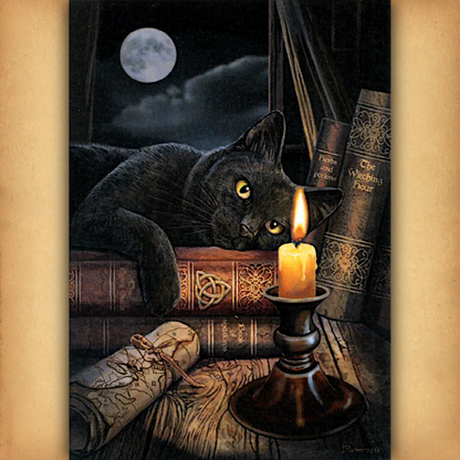 The Witching Hour Cross Stitch Pattern showing a black cat lounging on a stack of witchy books, lit by a candle and full moon