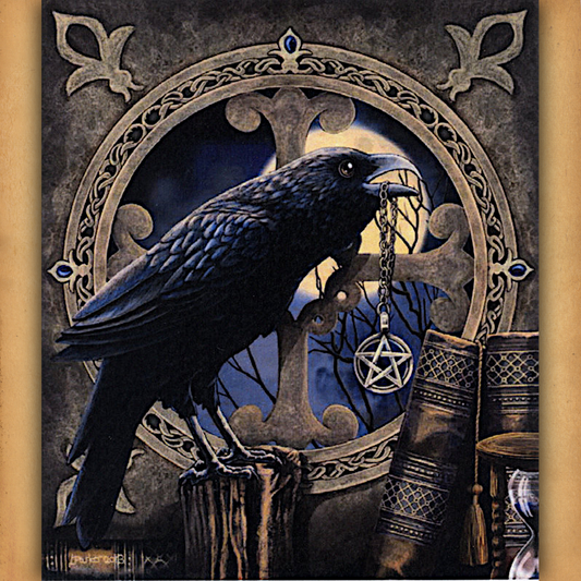 "The Talisman" Cross Stitch Pattern featuring a raven perched before a gothic window, holding a pentacle pendant in its beak.