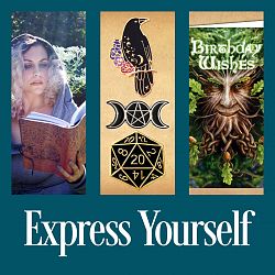 Express Yourself - Enamel Pins., Leather Journals. Greeting Cards. Yule Cards. Tin Signs. Window Stickers.