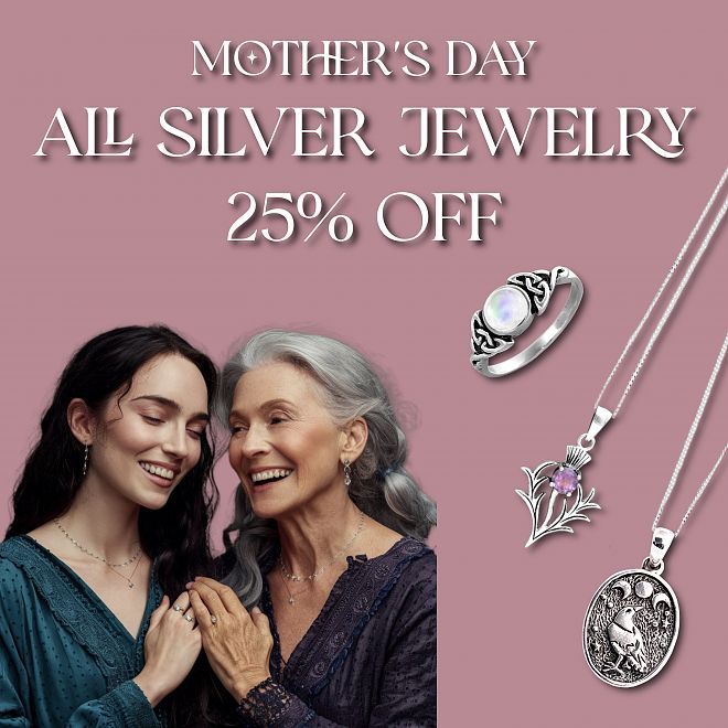 A young woman gifts a silver pendant to an older woman. Featured are two silver pendants and a ring with text: 'Mother’s Day All Silver Jewelry 25% Off'.